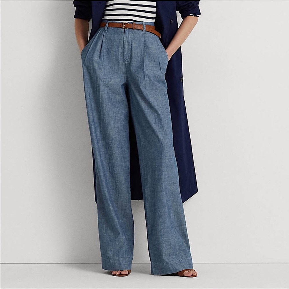 LAUREN RL Wide Leg Chambray Trouser Pants Size 10 Pleated Old Money Heritage - Picture 9 of 10